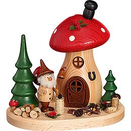 Smoker  -  Mushroom Hut with Wood Chipper Gnome  -  15cm / 5.9 inch