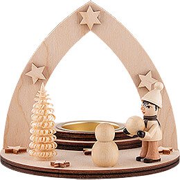 Tea Light Holder - Winter Child building Snowman - 11,5 cm / 4.5 inch