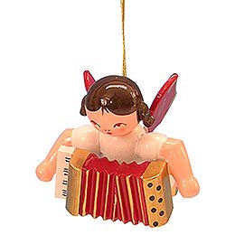Tree Ornament - Angel with Accordion - Red Wings - Floating - 5,5 cm / 2,1 inch