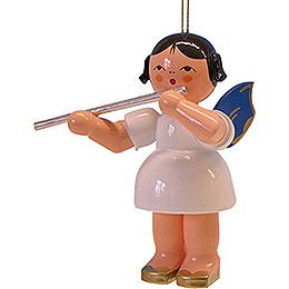 Tree Ornament - Angel with Transverse Flute - Blue Wings - 9,5 cm / 3.7 inch