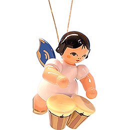 Tree Ornament - Floating Angel with Bongo Drums - Blue Wings - 5,5 cm / 2.2 inch