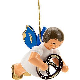Tree Ornament - Floating Angel with Pretzel - Blue Wings - 5,5 cm / 2.2 inch