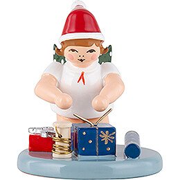 Weihnachtsengel kniend mit Mütze und Geschenken - 6,5 cm